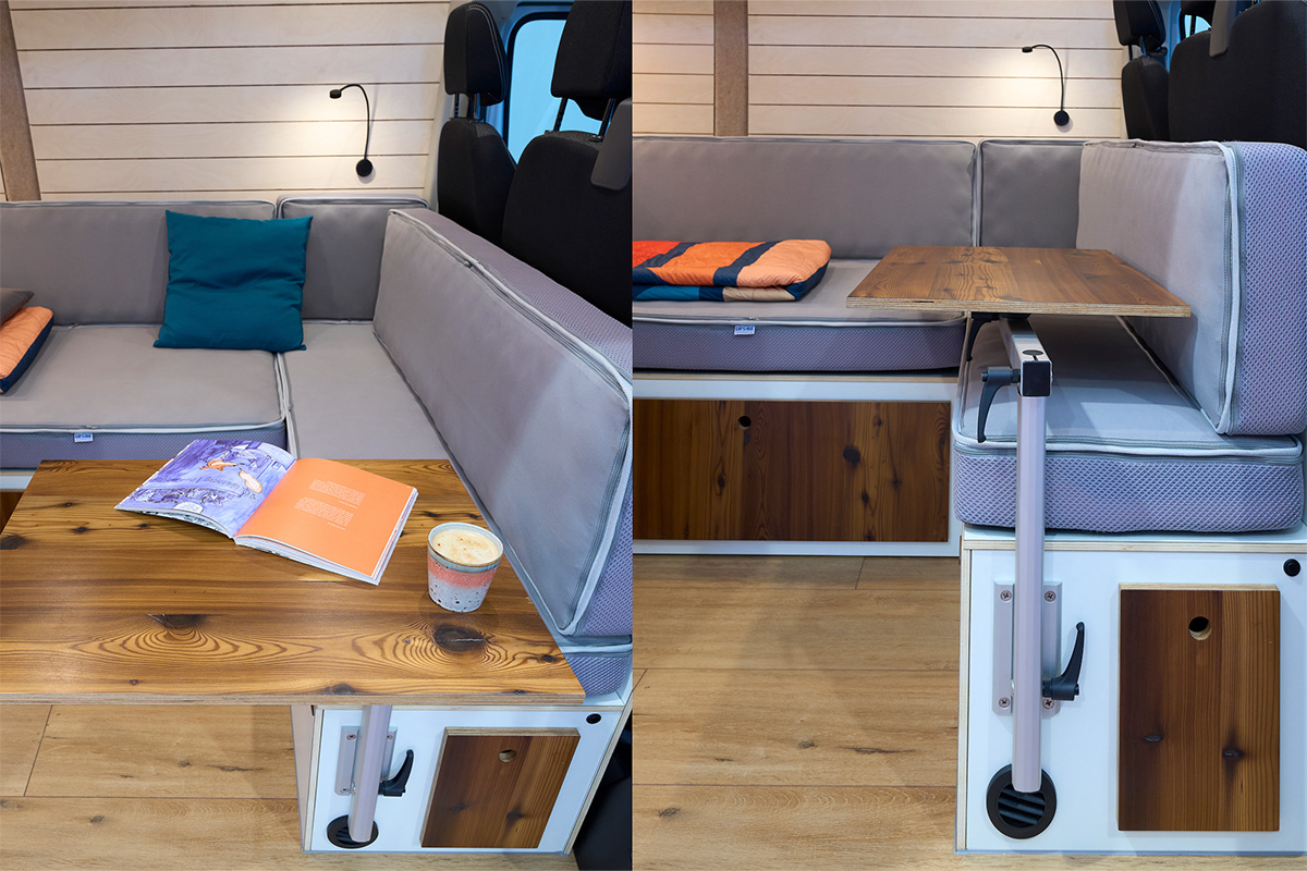 Lagun table frame with real wood work surface and two holding points in the vehicle Black metal gooseneck lamp, with USB port and multiple light levels 