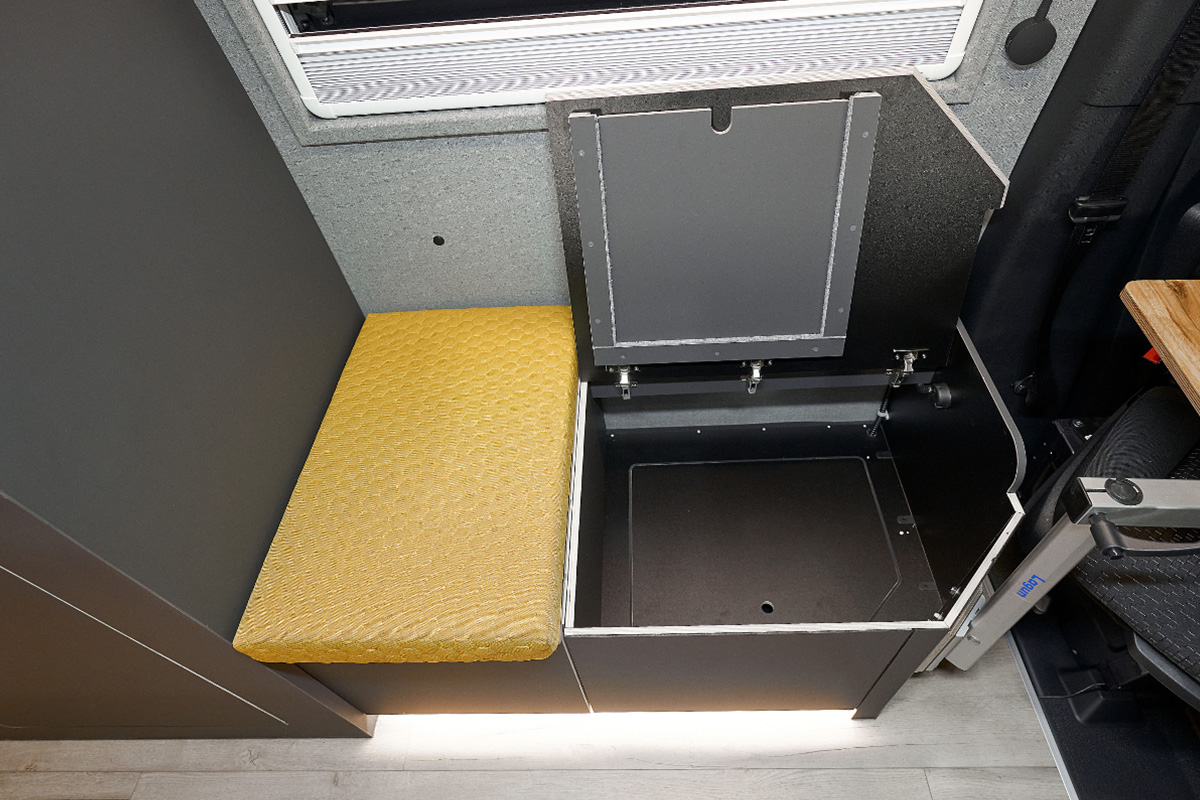 Multifunctional seating with storage space under the seat. 
