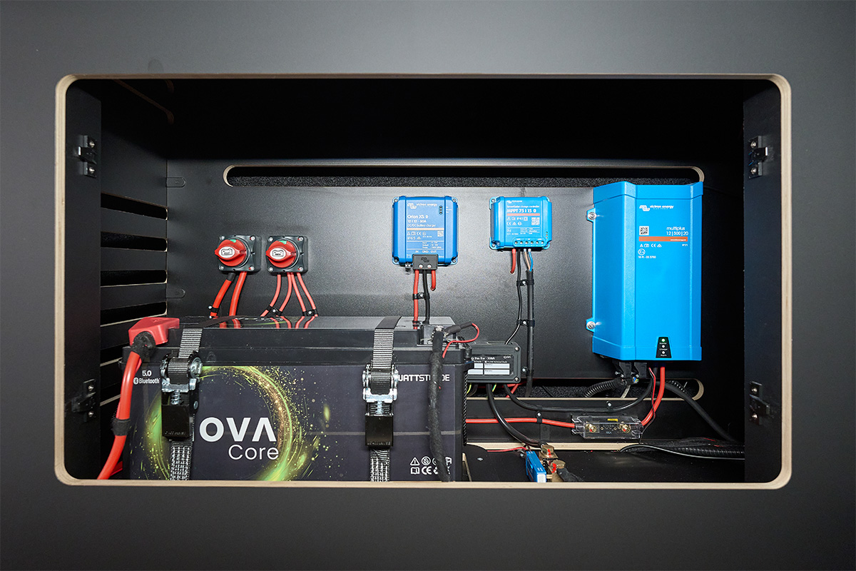 VanMe Camperausbau Battery system for a self-sufficient power supply with three charging sources. 